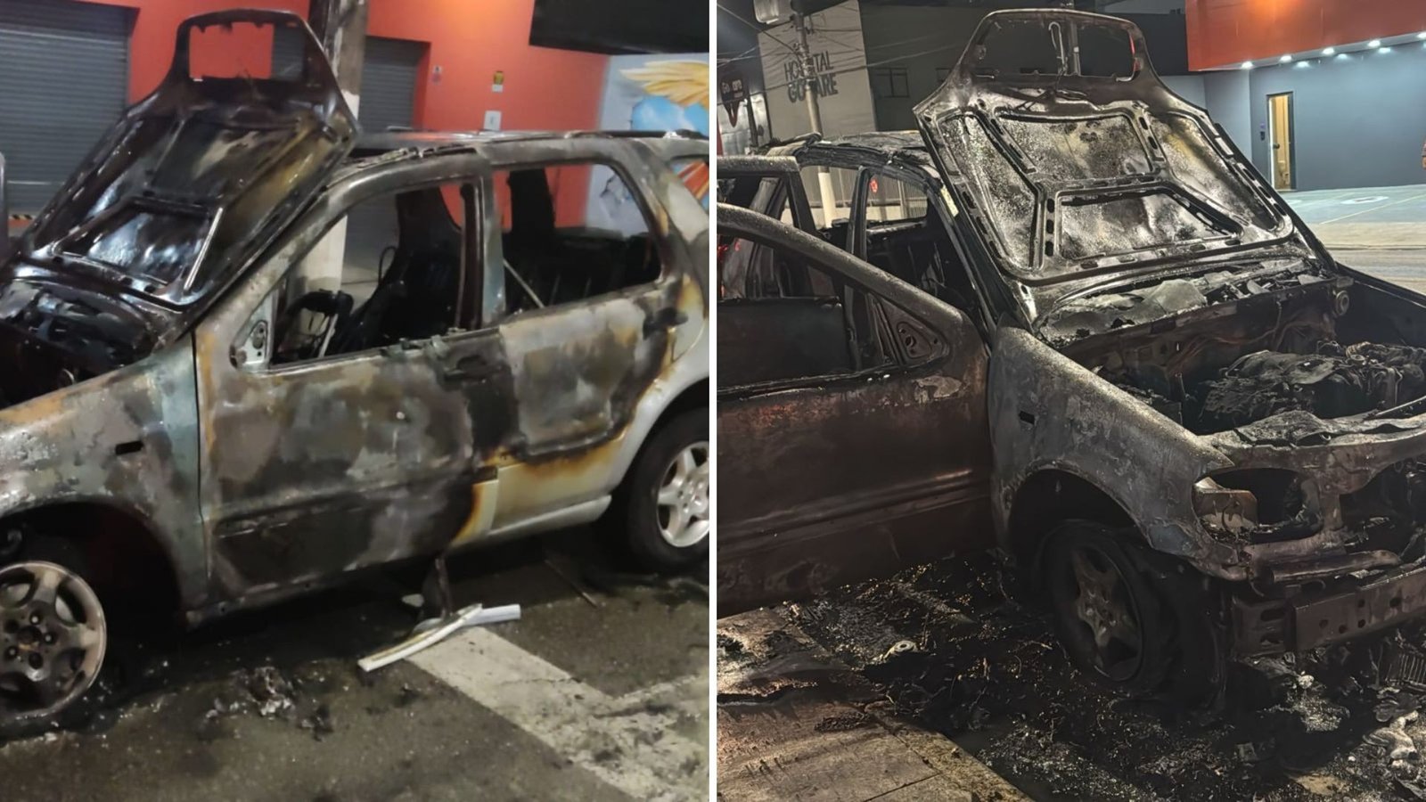 Carro pega fogo e fica completamente destruído no litoral de SP; VÍDEO
