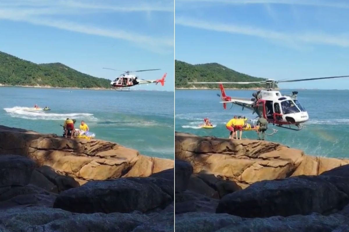 Turista é salvo após cair de pedra enquanto pescava em praia do litoral de SP; VÍDEO