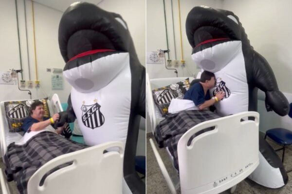 Funcionário do Santos F.C. com Síndrome de Down se emociona ao receber visita de mascote em hospital