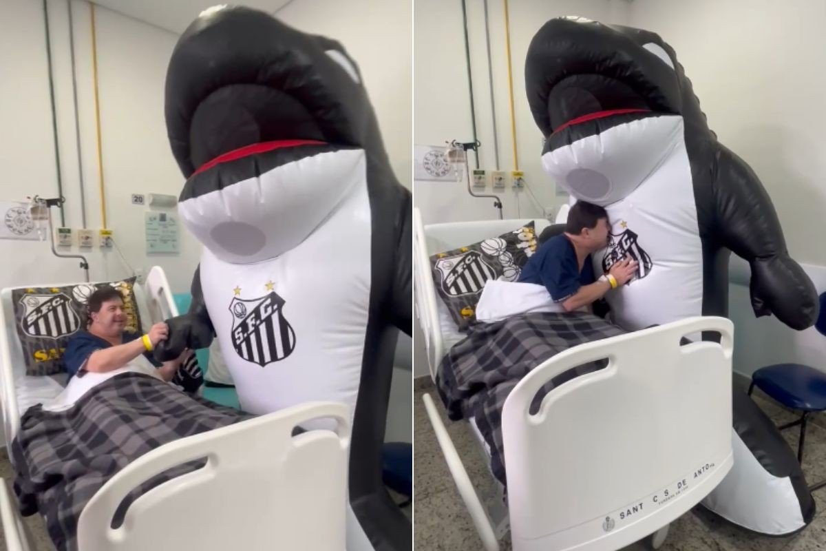 Funcionário do Santos F.C. com Síndrome de Down se emociona ao receber visita de mascote em hospital
