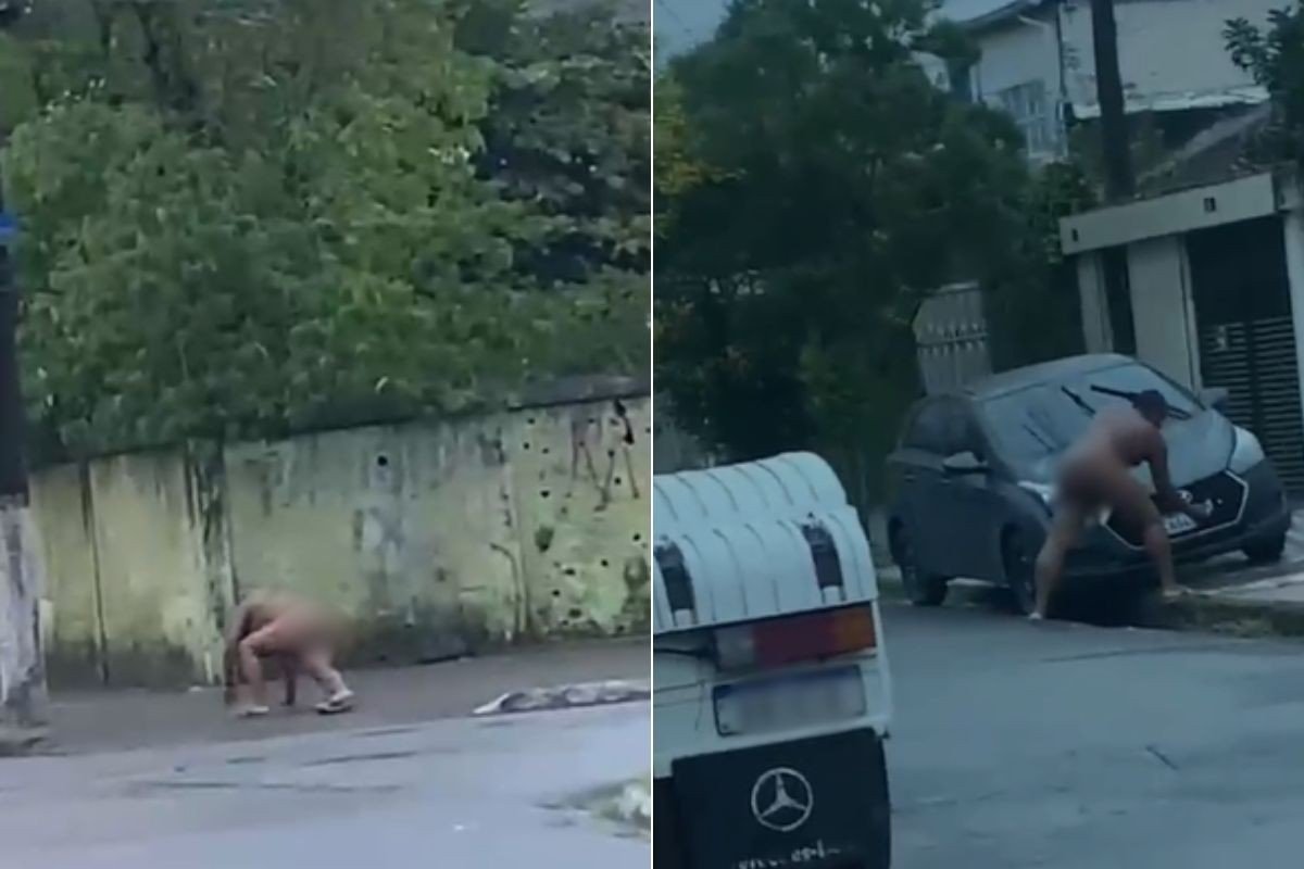 Pelado, homem em surto tenta danificar carro e é contido por policiais militares no litoral de SP