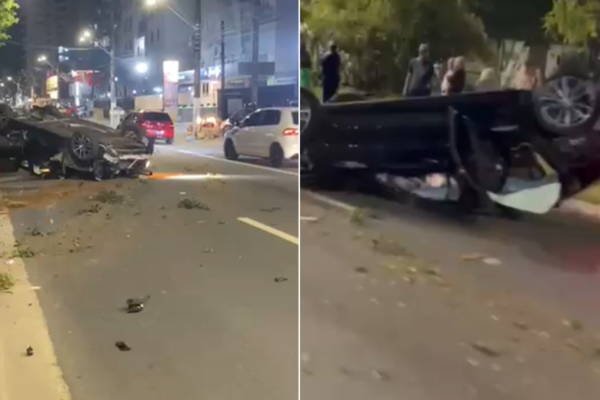 Motorista bêbado é preso após bater em poste e capotar carro em avenida de Guarujá, SP; VÍDEO