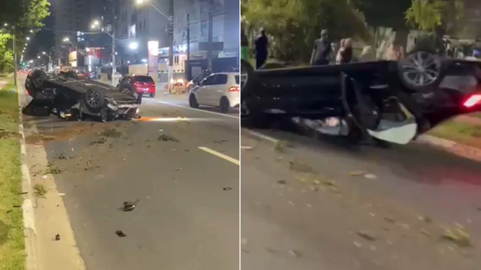 Motorista bêbado é preso após bater em poste e capotar carro em avenida de Guarujá, SP; VÍDEO