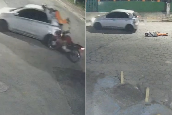 Motociclista é atingido e vai parar em capô de carro após acidente no litoral de SP; VÍDEO