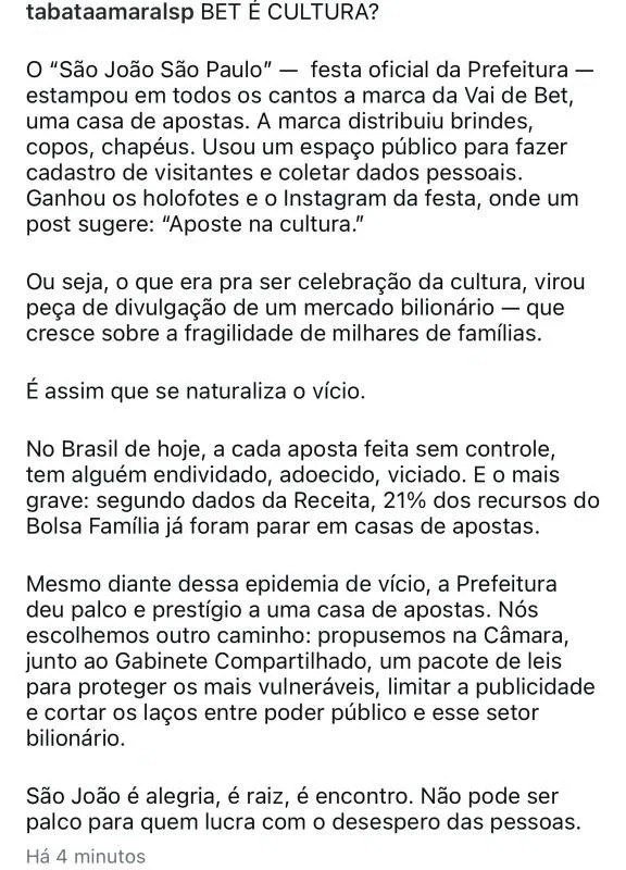 Tabata apaga postagem sobre marca de apostas depois de cobrança por festa no Recife