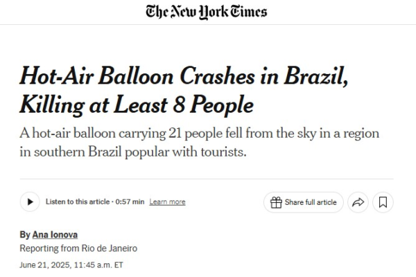 ‘Dramático’: queda de balão que matou 8 em SC repercute na imprensa internacional