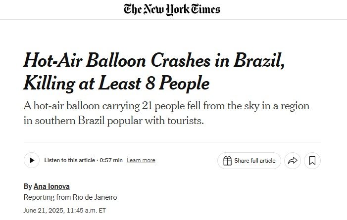 ‘Dramático’: queda de balão que matou 8 em SC repercute na imprensa internacional