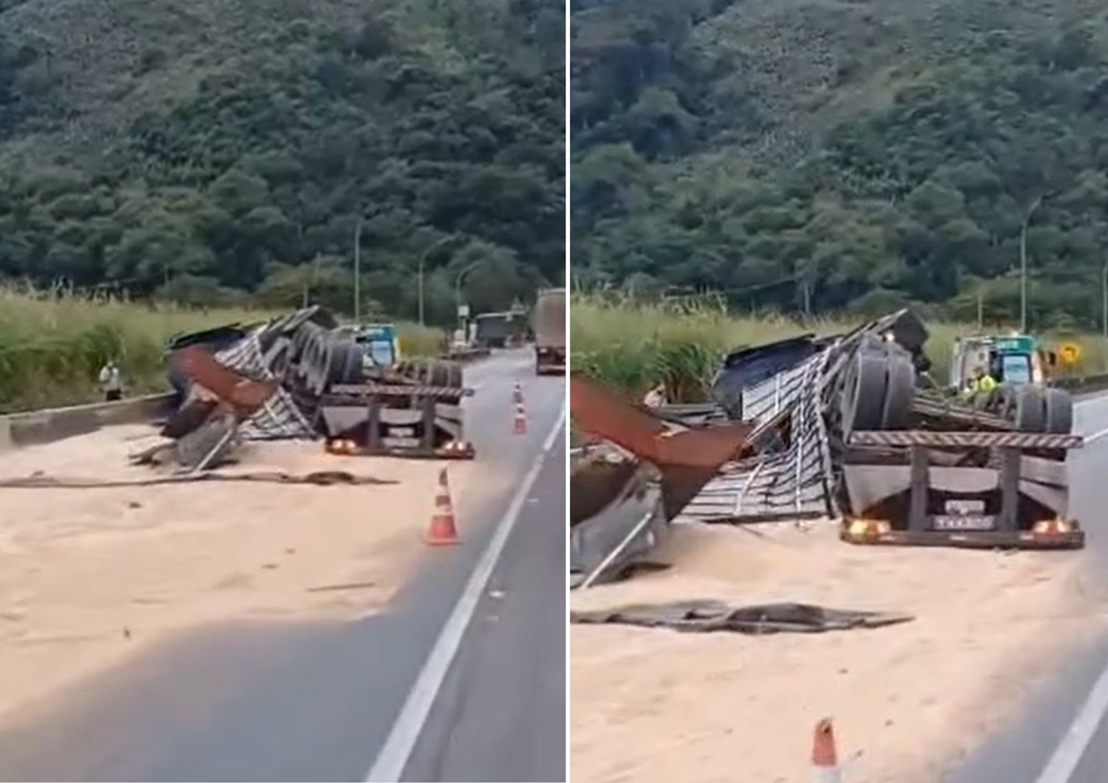 Carreta tomba, espalha carga e interdita serra do Azeite na Régis Bittencourt, SP
