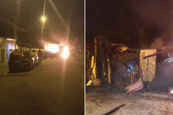 Incêndio destrói casa cheia de recicláveis e mobiliza bombeiros em Praia Grande, SP; VÍDEO