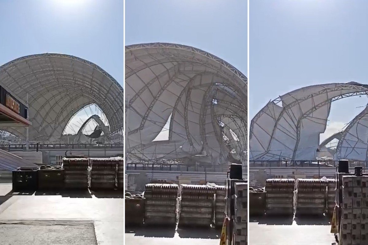 Rajadas de vento derrubam arena de eventos no litoral de SP; VEJA