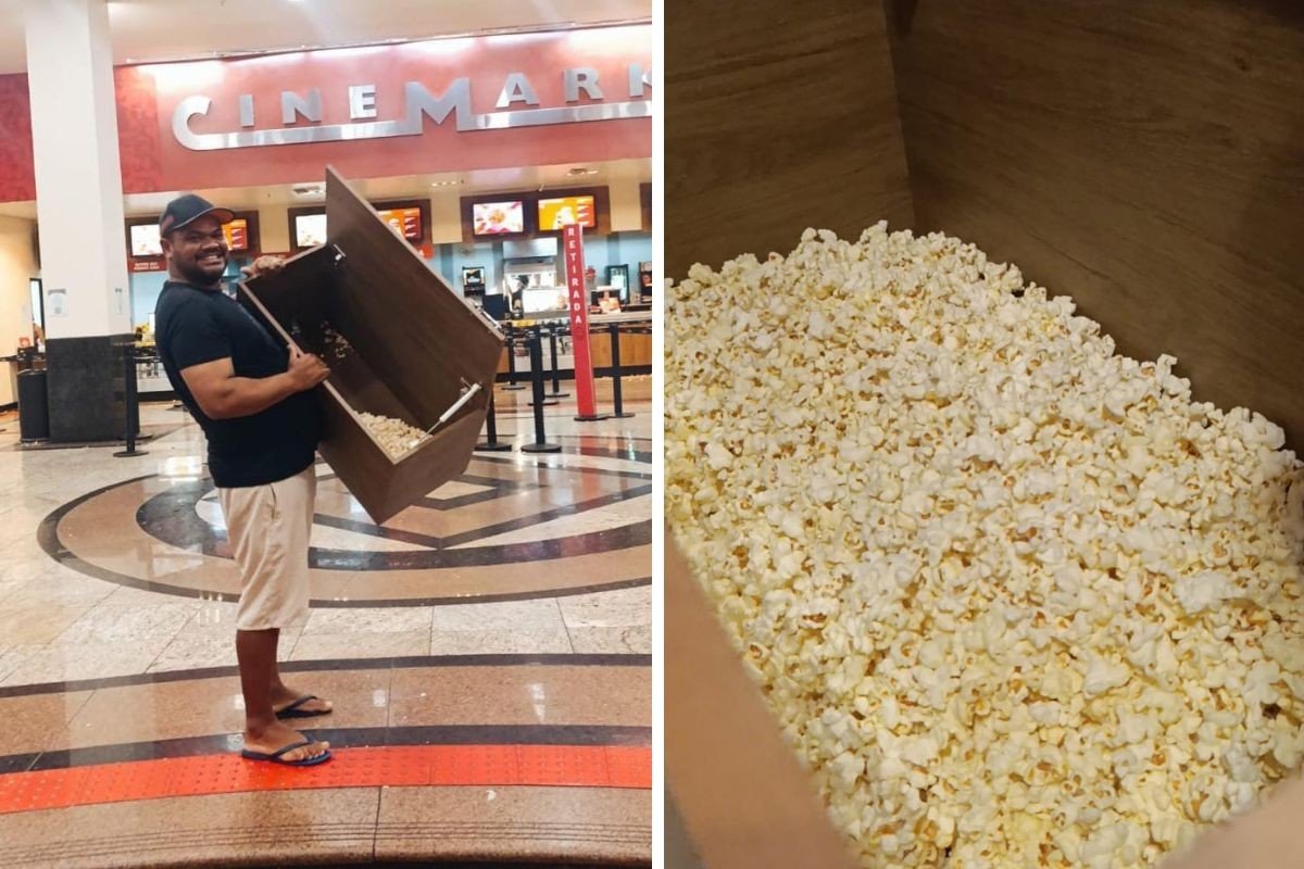 Casal viraliza após usar armário da cozinha como balde para pipoca em promoção no cinema; VÍDEO