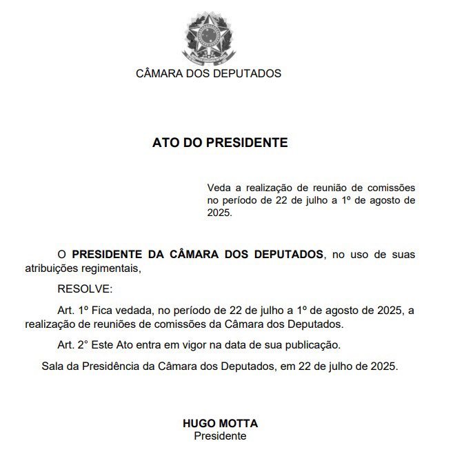 Motta proíbe reuniões de comissões no recesso da Câmara