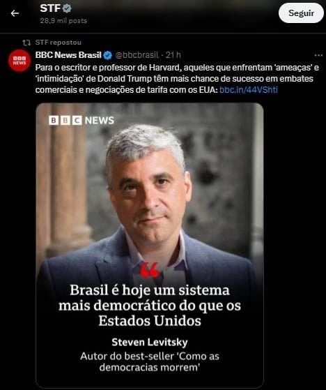 STF reposta fala de professor sobre democracia do Brasil: ‘Melhor que dos EUA’