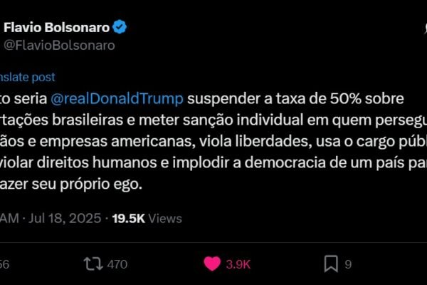 Flávio Bolsonaro pede suspensão da tarifa de 50% dos EUA