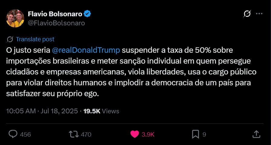 Flávio Bolsonaro pede suspensão da tarifa de 50% dos EUA