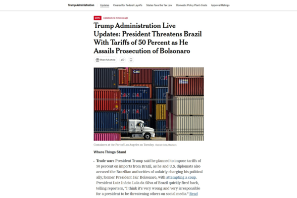 Trump anuncia tarifa de 50% sobre produtos brasileiros: veja a repercussão internacional