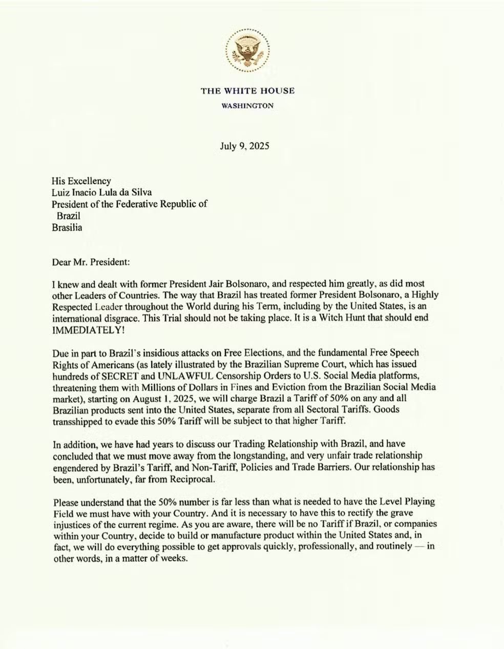 Leia a íntegra da carta que Trump enviou a Lula