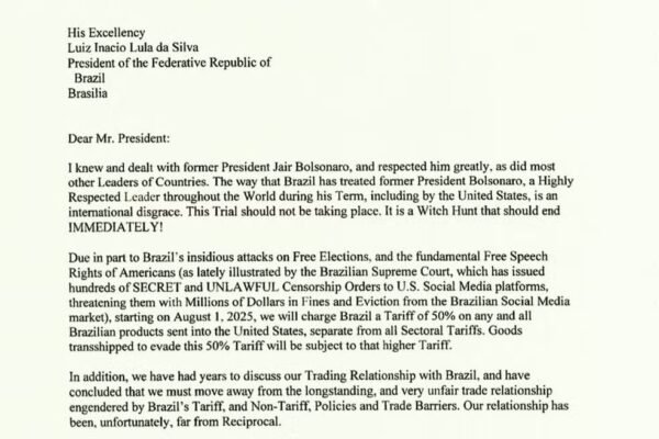 Trump envia carta a Lula e anuncia tarifa de 50% sobre produtos brasileiros