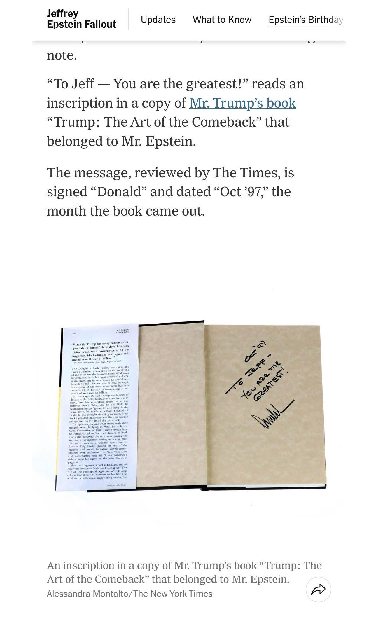 Trump chama Epstein de ‘o maioral’ em dedicatória de livro; veja FOTO obtida por jornal
