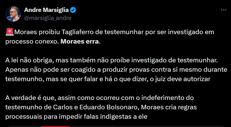 Jurista diz que ‘Moraes erra’ ao negar testemunho de Tagliaferro em ação sobre ‘golpe’