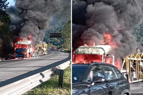 Incêndio destrói caminhão-cegonha carregado de carros na Régis Bittencourt, SP Incêndio destrói caminhão-cegonha carregado de carros na Régis Bittencourt, SP