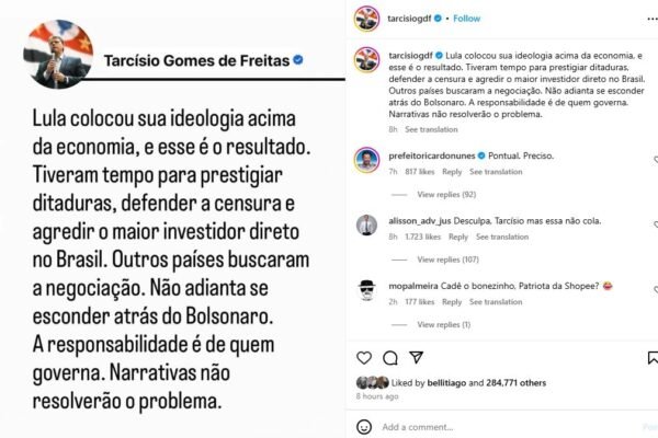 Tarcísio responsabiliza Lula por tarifa de Trump de 50% sobre o Brasil