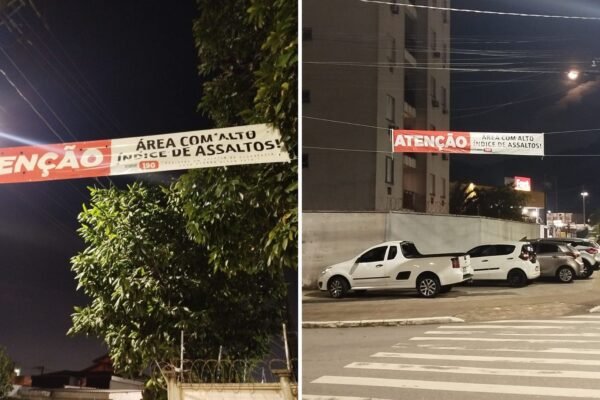 Moradores colocam faixas e fazem alerta sobre área com alto índice de assaltos em Santos, SP