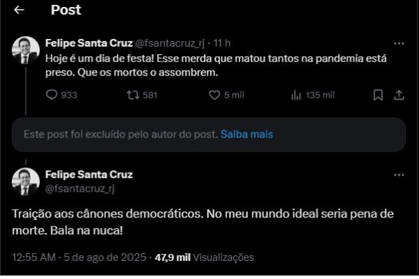 Ex-presidente da OAB defende pena de morte a Bolsonaro: ‘Bala na nuca’
