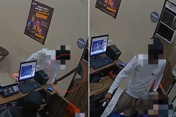 Homem tira facão de dentro da calça e ameaça funcionários de loja de açaí durante assalto no litoral de SP; VÍDEO