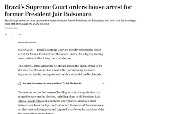 Bolsonaro tem prisão domiciliar decretada: veja a repercussão na imprensa internacional