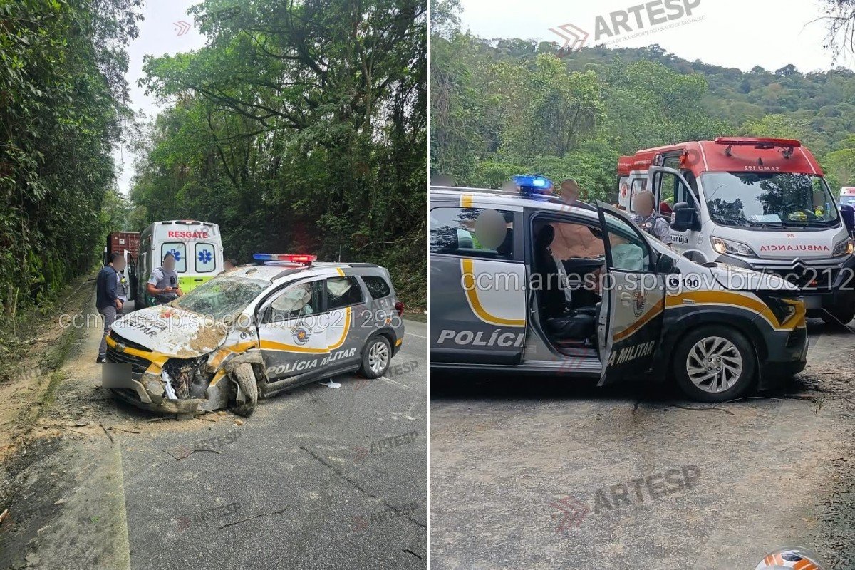 Viatura da PM Rodoviária bate em mureta e barranco em Santos, SP; dois policiais estão em estado grave